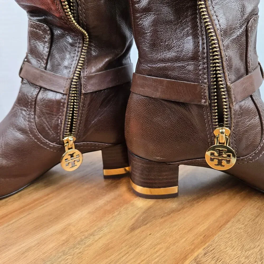 Tory Burch Womens 6.5M Brown Side Logo Gold Hardware Equestrian Riding Boot Heel